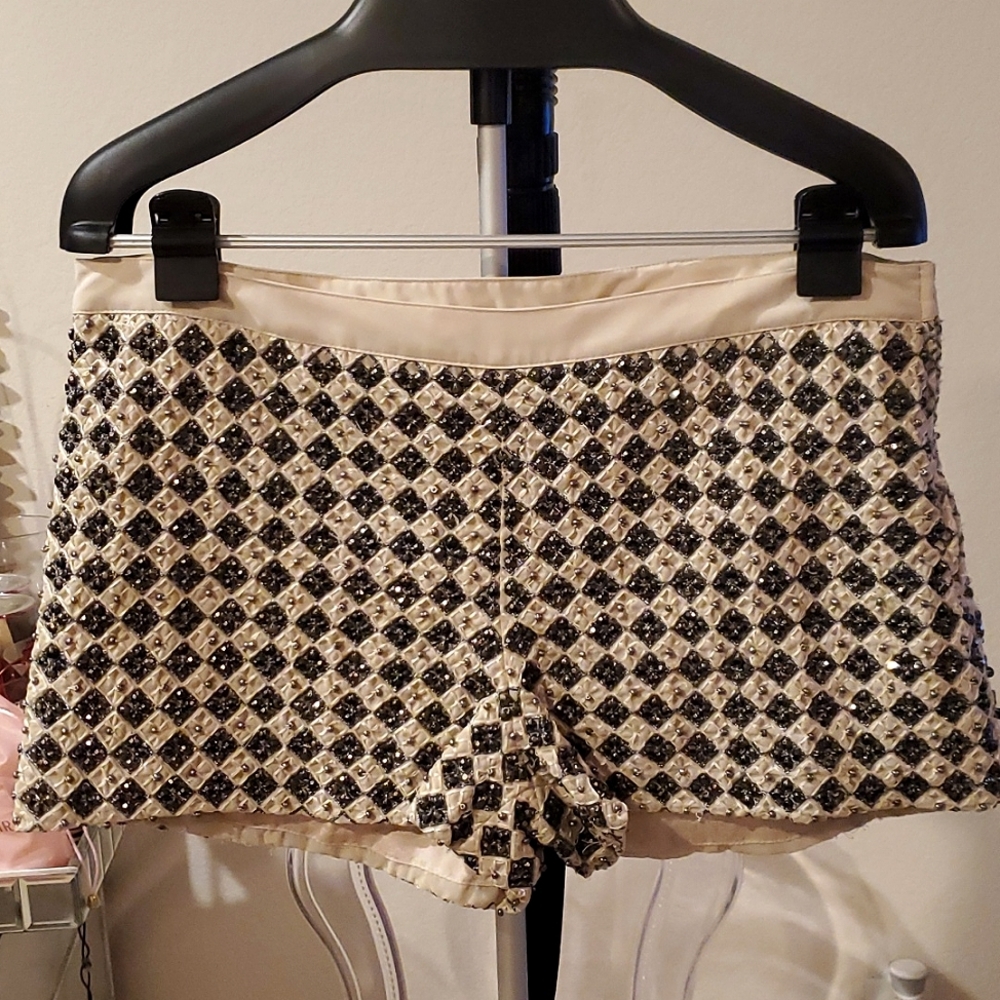 Intricate Handmade Shorts, Woven with Ivory Fabric with Steel Beading, Size 14